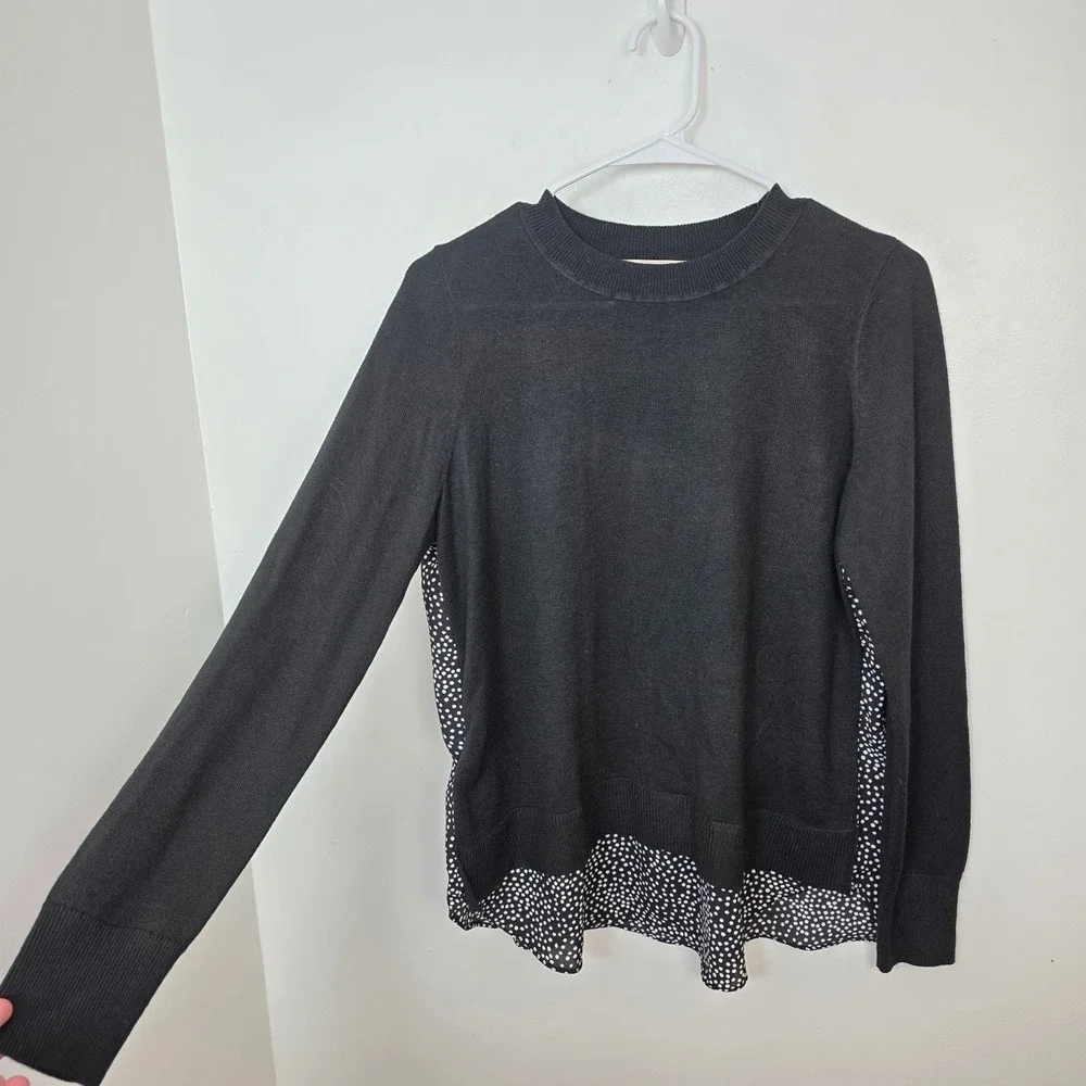 Loft Womens Black Polka Dot Mixed Media‎ Knit Back Sweater Top Medium NWT